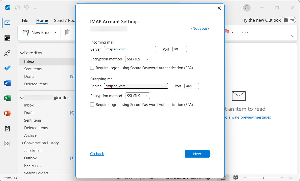 enter imap details