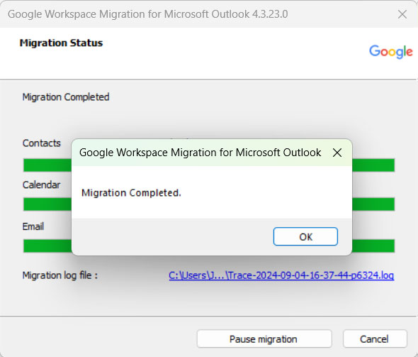 PST to Gmail migration completes