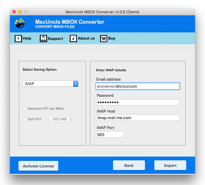 enter account details to import mbox to icloud