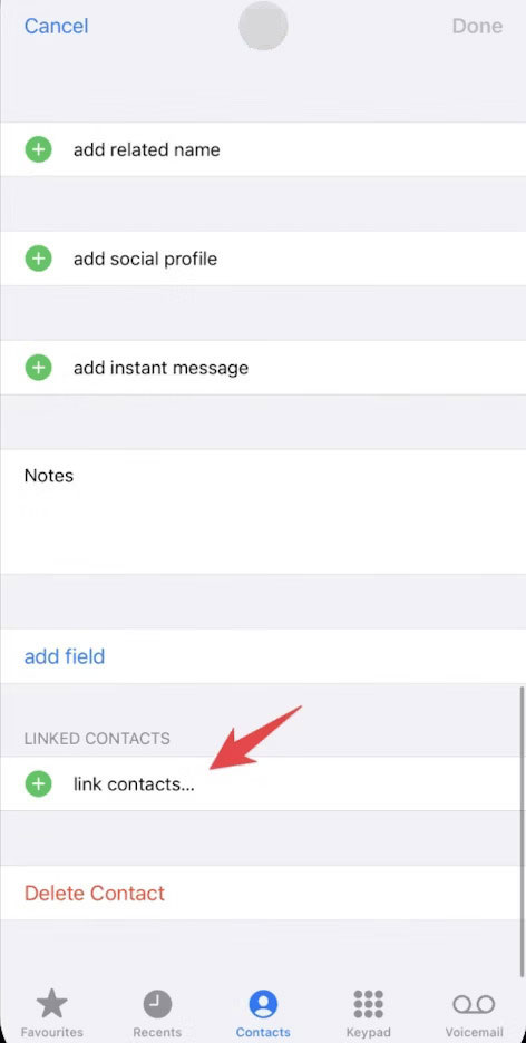 link contacts to Merge Duplicate Contacts on iPhone