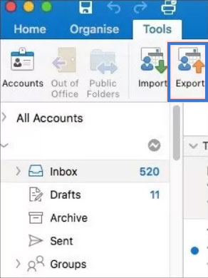 under outlook tools select export