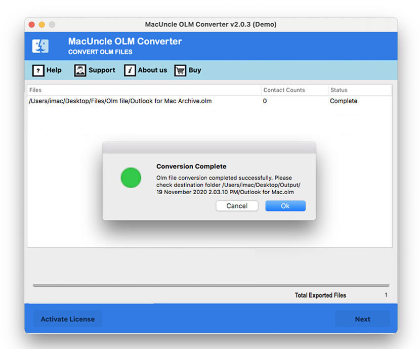 presione el botón exportar para importar archivo OLM a Office 365